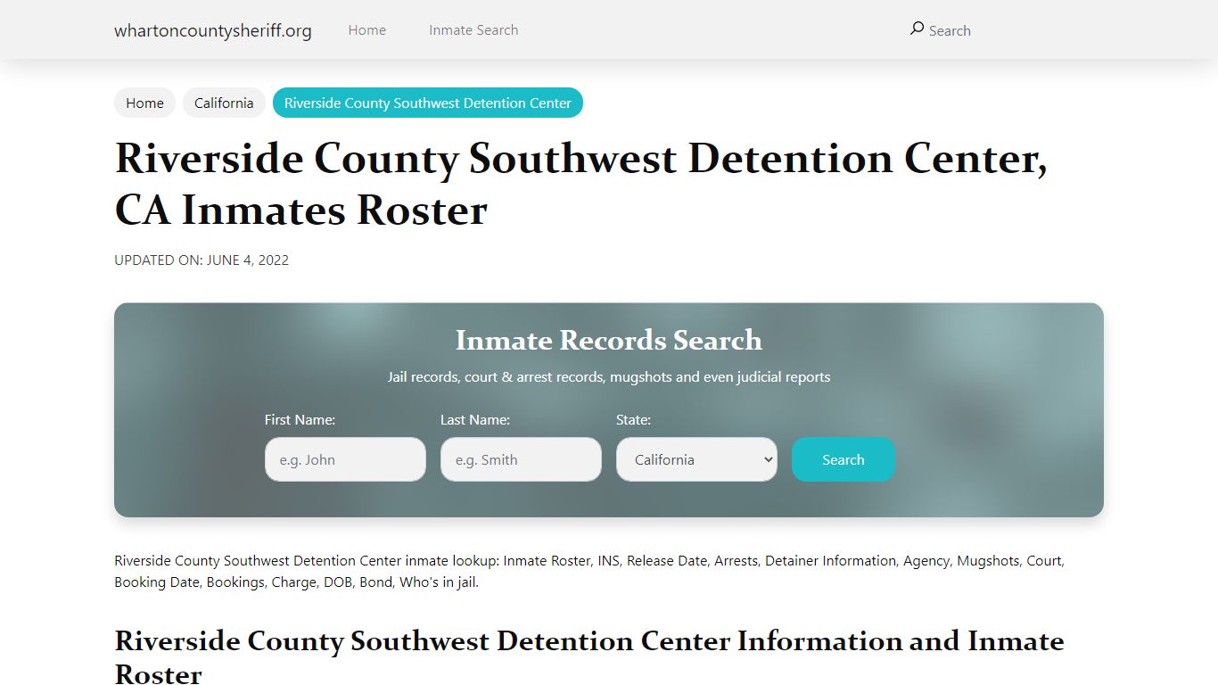 Riverside County Southwest Detention Center , CA Inmates ...